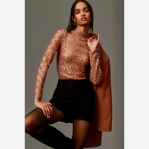 NWT!! Anthropologie PILCRO Turtleneck Sequin Top Shirt Bronze Party Glam X-Small - Picture 1 of 16